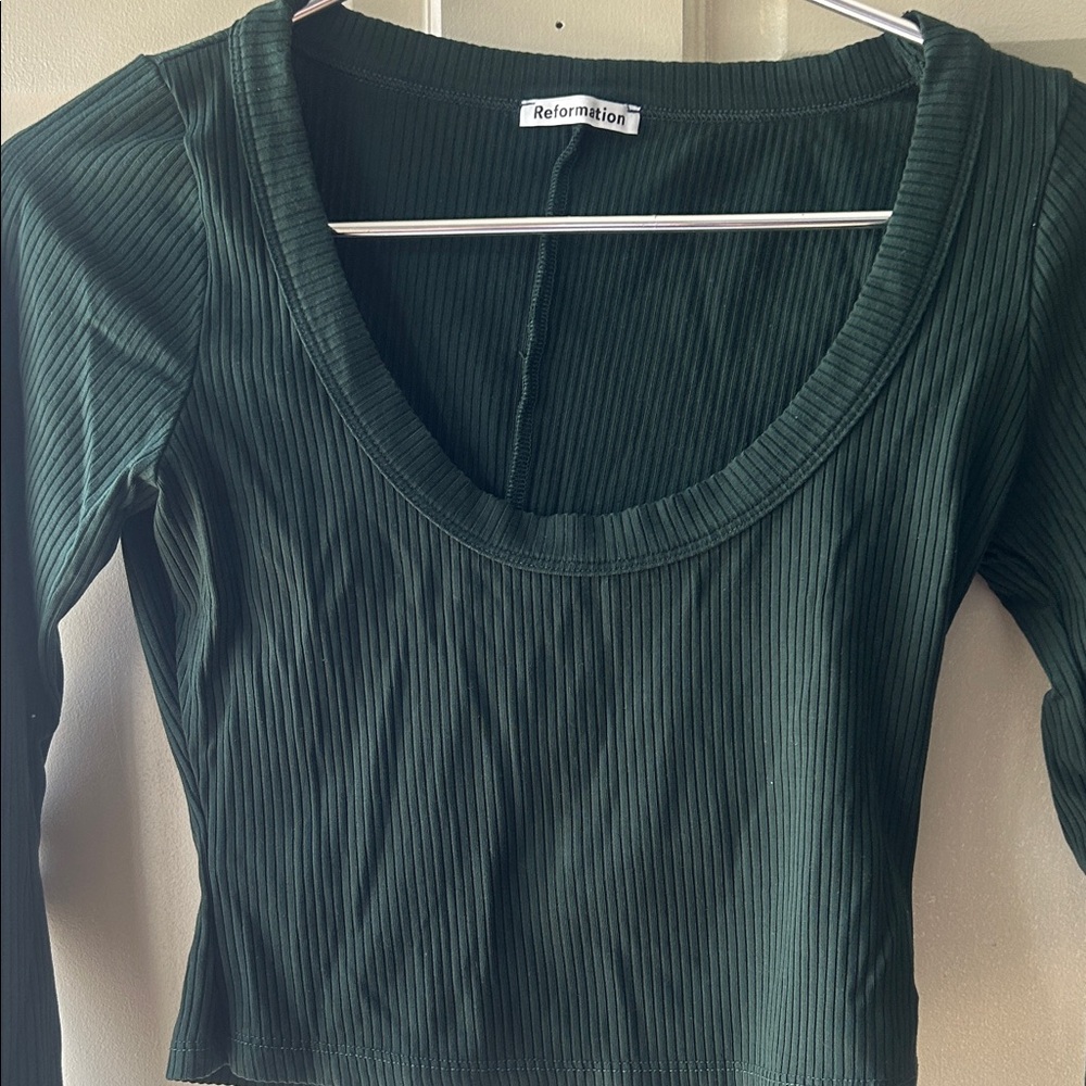 Reformation Dark Green Ribbed Scoop Neck Long Sleeve Top